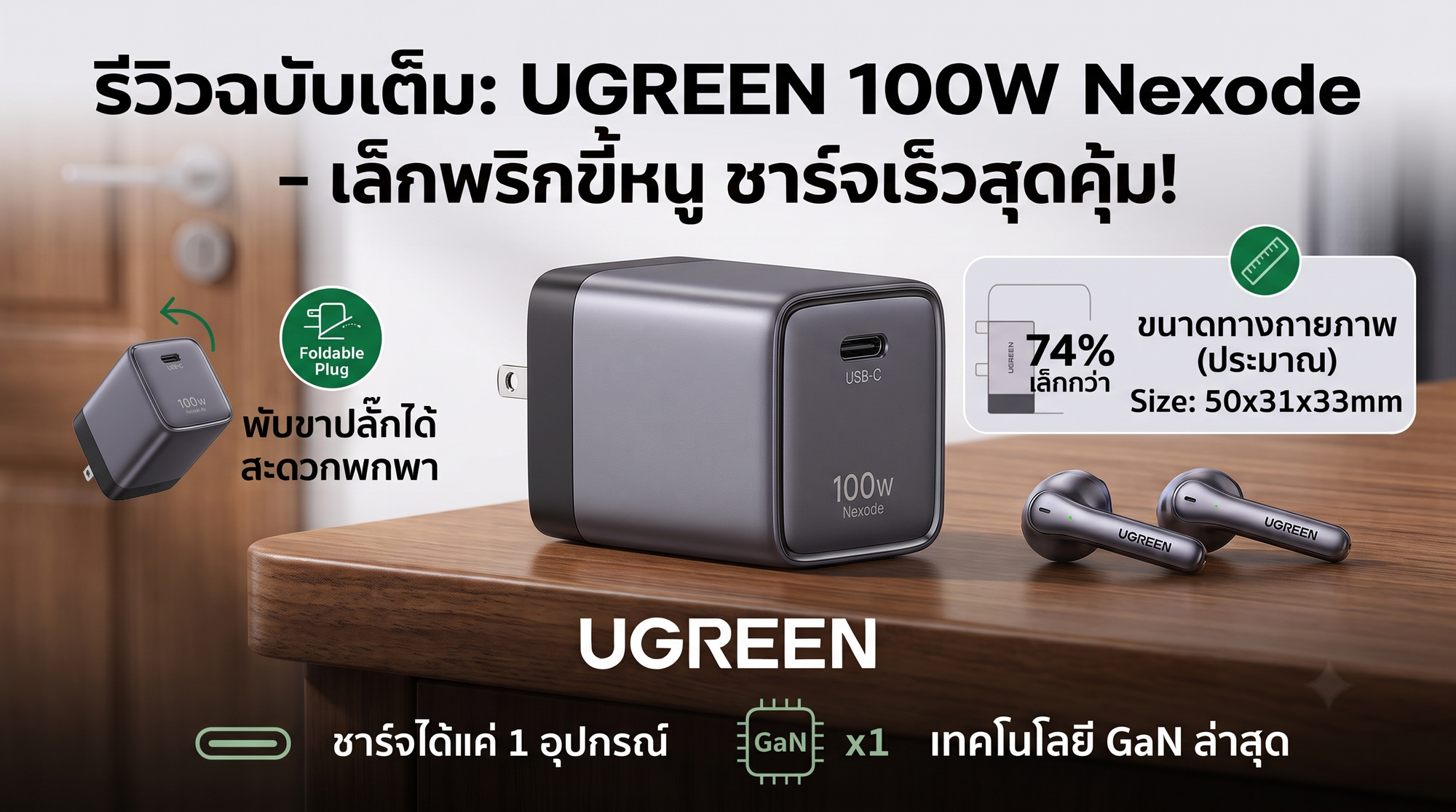UGREEN 100W Nexode Air หัวชาร์จ GaN ไซส์มินิ เล็กพริกขี้หนู ตัวเดียวจบครบทุกอุปกรณ์!